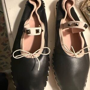 Valentino Garavani Black and Cream Flats with Studded Strap